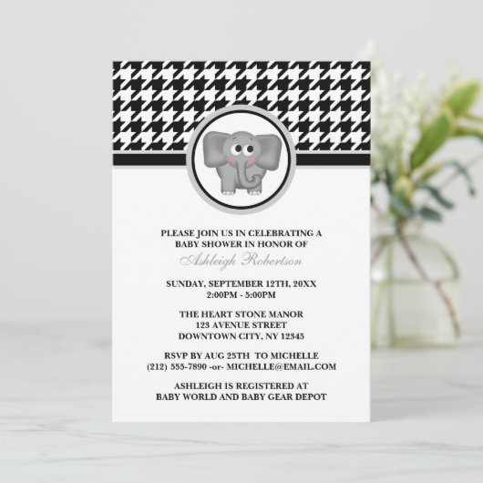 Elephant Black & White Houndstooth Baby shower Kaart (Staand voorkant)