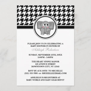 Elephant Black & White Houndstooth Baby shower Kaart