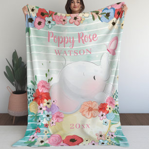 Elephant Blanket met bloemen + aangepaste naam Fleece Deken