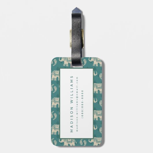 Elephant Blauwgroen Caravan Pattern Bagagelabel (Achterkant verticaal)