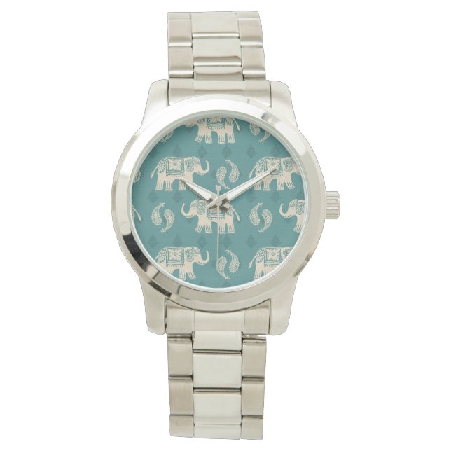 Elephant Blauwgroen Caravan Pattern Horloge (Voorkant)