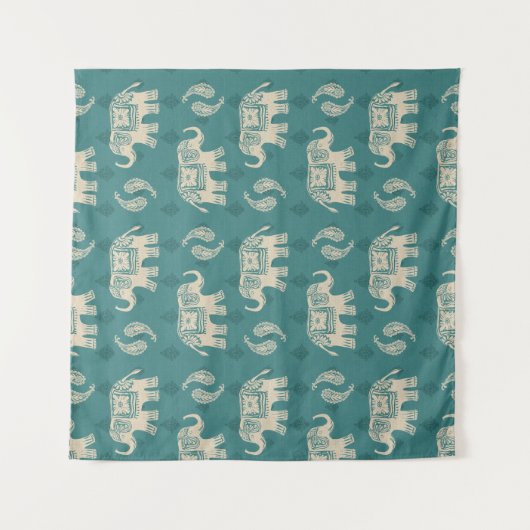 Elephant Blauwgroen Caravan Pattern Wandkleed (Voorkant)