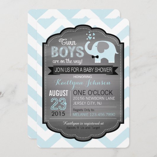Eléphant bleu avec cravate en bois Invitation Baby (Devant / Derrière)