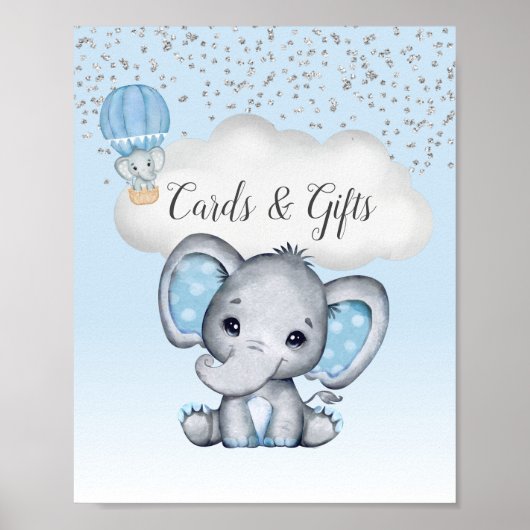 Elephant Blue Balloon Baby shower Kaarten Gifts Poster (Voorkant)