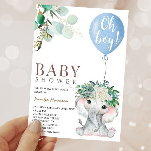 Elephant Blue Balloon Waterverf Baby shower Kaart