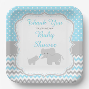 Elephant Blue en Grey Baby shower Party Papieren Bordje