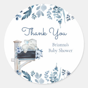 Elephant Blue Flowers Baby shower per post Ronde Sticker