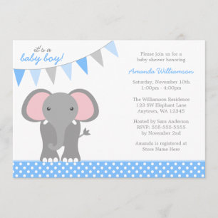 Elephant Blue Polka Dot Banner Boy Baby shower Kaart