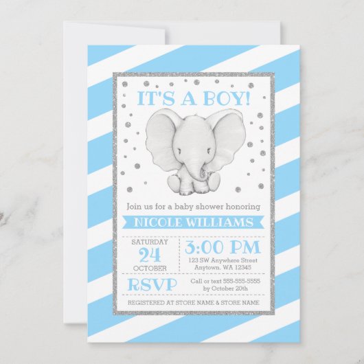 Elephant Blue Stripes Boy Baby Shower Invitations (Devant)