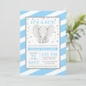 Elephant Blue Stripes Boy Baby Shower Invitations (Debout devant)