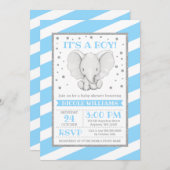Elephant Blue Stripes Boy Baby Shower Invitations (Devant / Derrière)