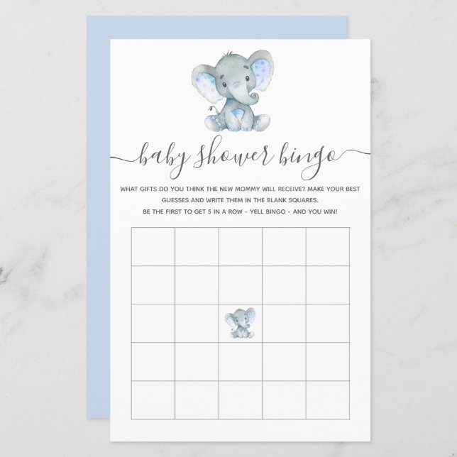 Elephant Blue Waterverf Baby Bingo Shower Game (Voorkant / Achterkant)