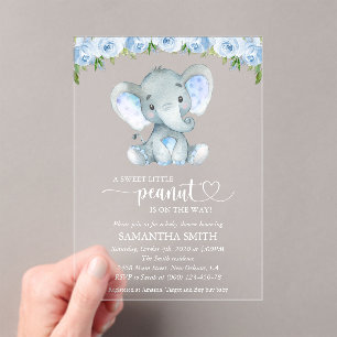 Elephant, Blue Waterverf Flowers, Baby shower Acryl Uitnodigingen