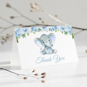 Elephant, Blue Waterverf Flowers, Baby shower Bedankkaart