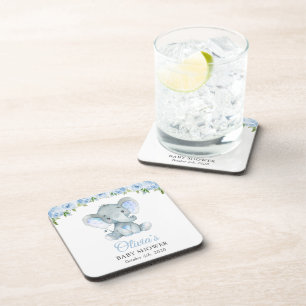 Elephant, Blue Waterverf Flowers, Baby shower Bier Onderzetter