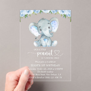 Elephant, Blue Waterverf Flowers, First Birthday Acryl Uitnodigingen