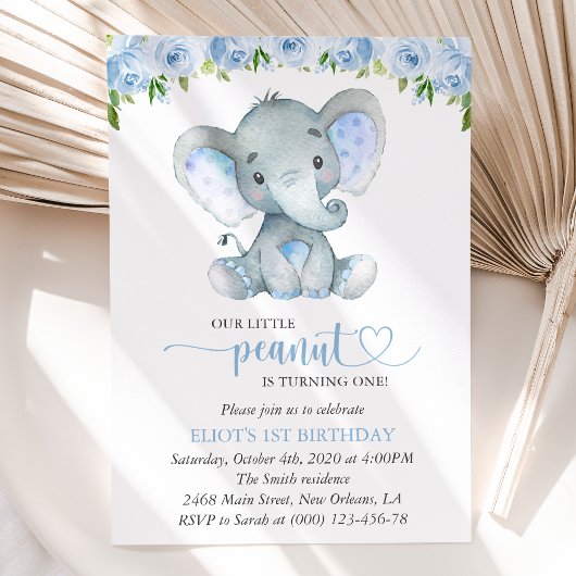 Elephant, Blue Waterverf Flowers, First Birthday Kaart
