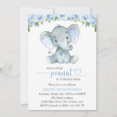 Elephant, Blue Waterverf Flowers, First Birthday Kaart (Voorkant)