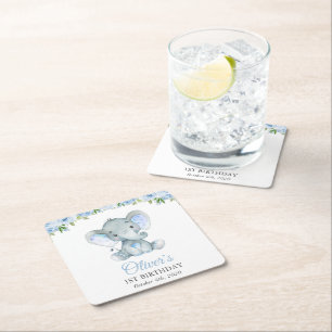 Elephant, Blue Waterverf Flowers, First Birthday Vierkante Kartonnen Onderzetter