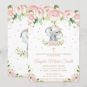 Elephant Blush Pink Floral Baptisme Christening Kaart