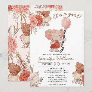 Elephant Boho Floral Baby shower Girl Kaart