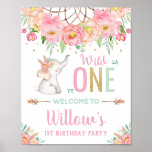 Elephant Boho Pink Floral 1e verjaardag Welkom Poster