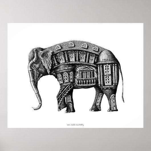 Elephant Bouw inkt zwarte en witte tekening Poster (Voorkant)