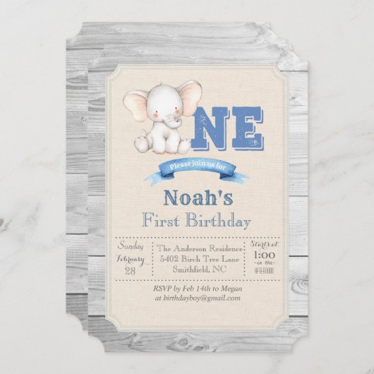 Elephant Boy 1er Anniversaire Invitation (Devant / Derrière)