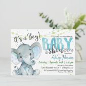 Elephant Boy Baby shower uitnodiging blauw en groe (Staand voorkant)