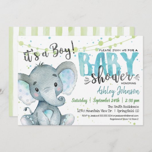 Elephant Boy Baby shower uitnodiging blauw en groe (Voorkant / Achterkant)