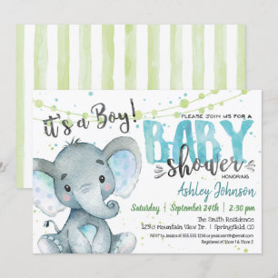 Elephant Boy Baby shower uitnodiging blauw en groe