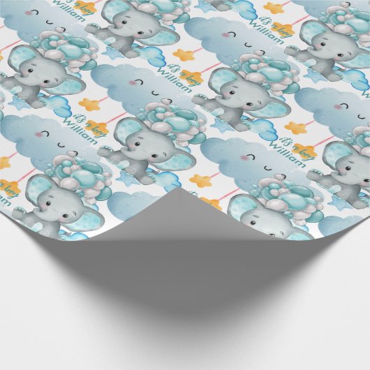 Elephant Boy Blue Ballon Nursery Baby shower Cadeaupapier (Hoek)