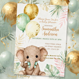Elephant Brown Sage Green Balloons Baby Shower Folie Uitnodiging