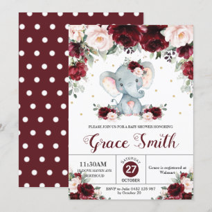 Elephant Burgundy Blush Floral Baby shower Girl Kaart