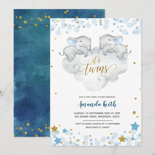 Elephant C'est Twins Baby shower Invitation (Devant / Derrière)