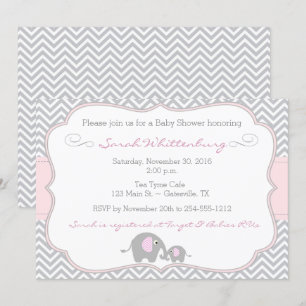 Elephant Chevron Baby shower Invitation - Roze Kaart