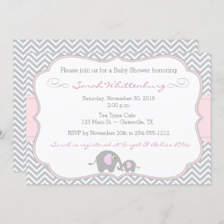 Elephant Chevron Baby shower Invitation - Roze Kaart