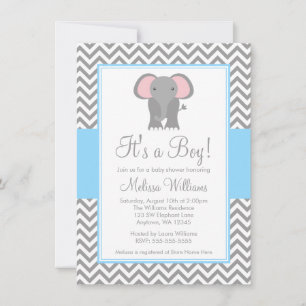 Elephant Chevron Light Blue Grey Baby shower Kaart