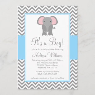 Elephant Chevron Light Blue Grey Baby shower Kaart