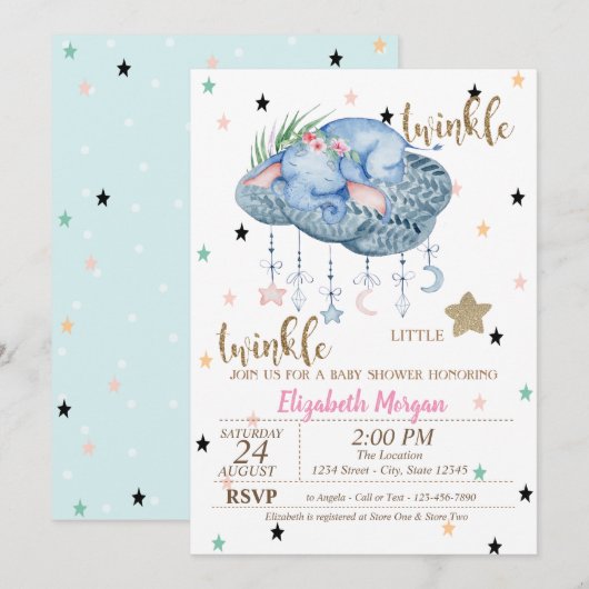 Elephant Cloud, Twinkle Little Star-Baby shower Kaart (Voorkant / Achterkant)