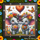 Elephant Couple Floral Crown Vierkante Klok