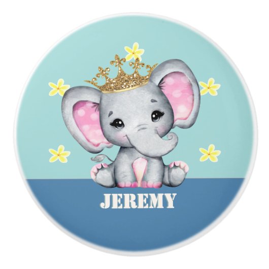 Elephant crown nursery style blue custom text keramische knop (Voorkant)