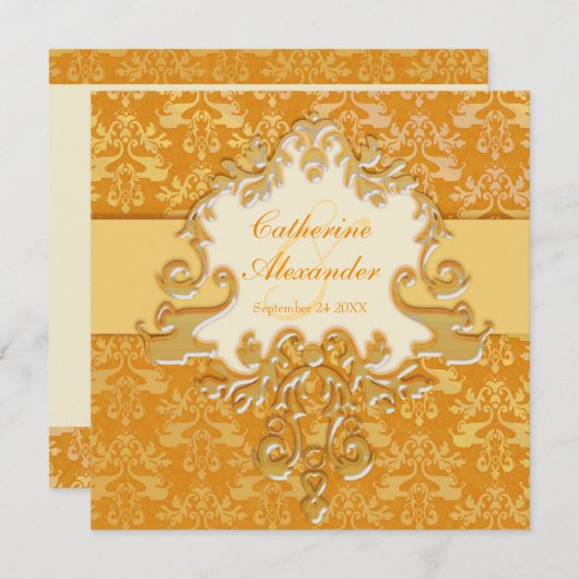 Eléphant damask or & crème mariage invitation carr (Devant / Derrière)