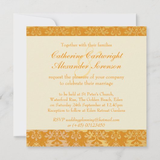 Eléphant damask or & crème mariage invitation carr (Dos)