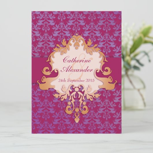 Elephant damask red gouden bruiloft kaart (Staand voorkant)