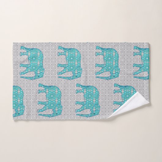 Eléphant de Fleur Mandala, Turquoise, Gris & Blanc (Serviette à main)
