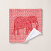 Eléphant de fleurs, rouge profond et corail (Gant de toilette)