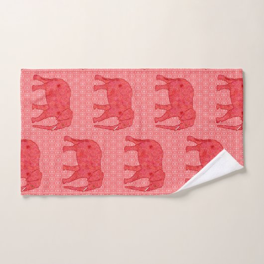 Eléphant de fleurs, rouge profond et corail (Serviette à main)