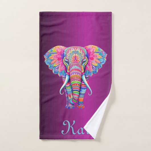 Eléphant de Mandala coloré avec nom Customisé (Serviette à main)