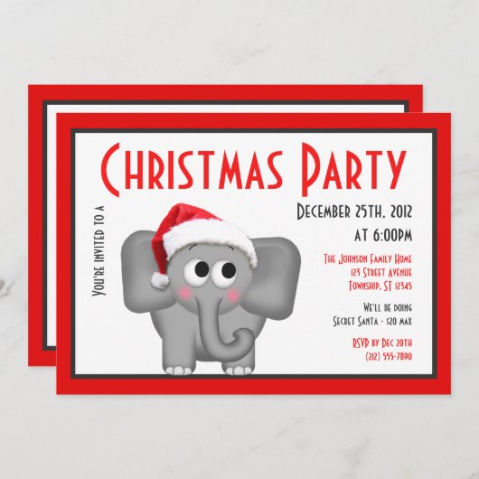 Eléphant de Santa Hat - Invitations de Noël (Devant / Derrière)